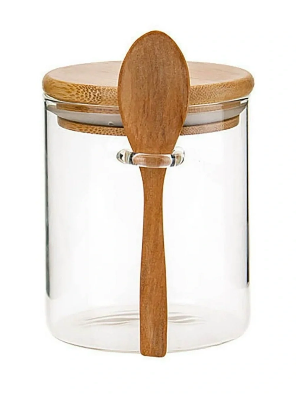 Clear Glass Storage Jars with Bamboo Lids and Spoons - Natural Set of 4